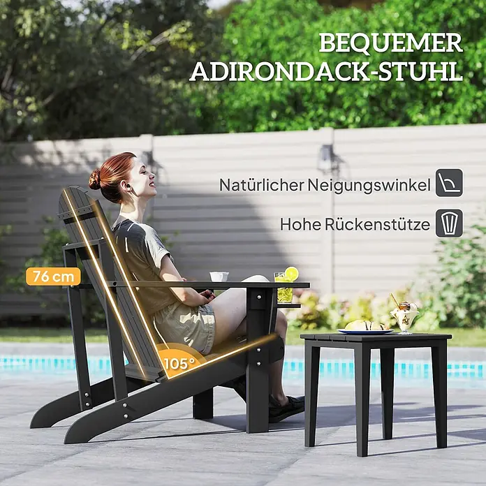 Outsunny Gartenstuhl Adirondack - Tannenholz, Schwarz, B x T x H: 95 x 95 x 93 cm - Dunkelgrauer Adirondack-Stuhl mit ergonomischem Design und passendem Beistelltisch, ideal für Entspannung im Freien.