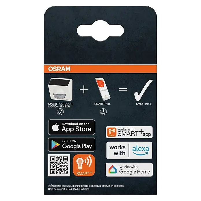 Osram Smart+ Bewegungsmelder Outdoor - Weiß - OSRAM SMART+ Outdoor Bewegungssensor Verpackung mit Details zu App-Steuerung und Kompatibilität mit Alexa und Google Home.