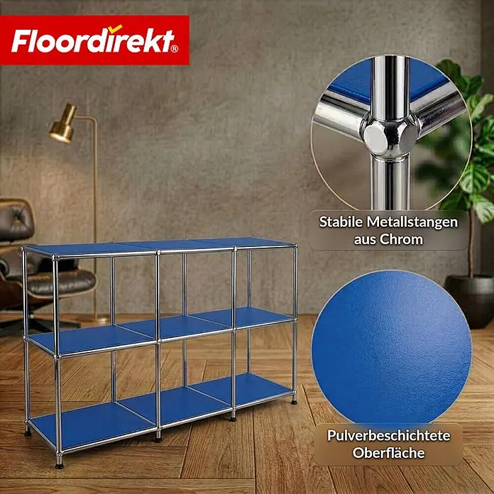 Floordirekt Metallregal Concept Epure MK-018 Blau - H x B x T: 82 x 116 x 40 cm, Anzahl Böden: 3 Stk., Schrauben, Blau - Blaues 3-stöckiges Modulregal mit verchromtem Metallrahmen und pulverbeschichteten Böden.