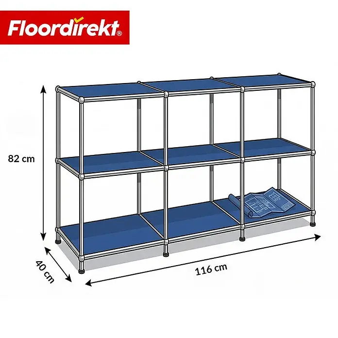Floordirekt Metallregal Concept Epure MK-018 Blau - H x B x T: 82 x 116 x 40 cm, Anzahl Böden: 3 Stk., Schrauben, Blau - Blau-silbernes 3-stöckiges Regal mit 9 Fächern, 116x40x82 cm, für vielseitige Aufbewahrung.