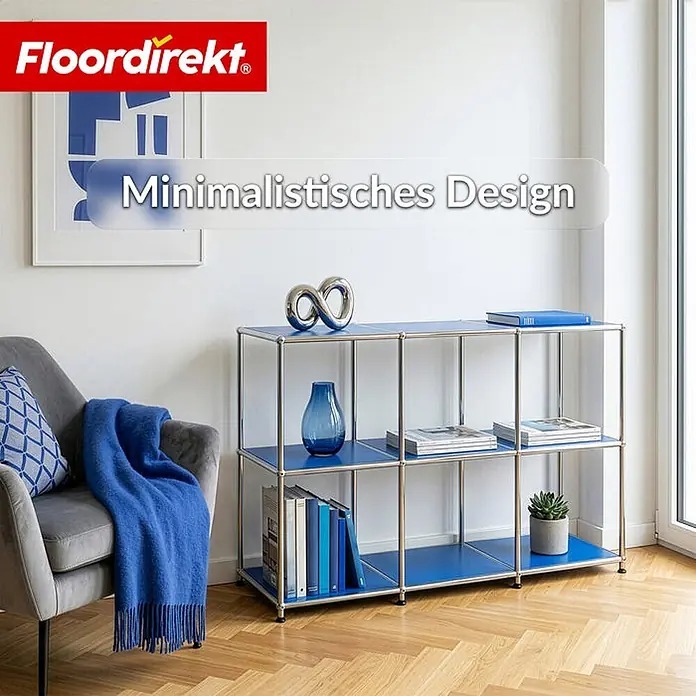 Floordirekt Metallregal Concept Epure MK-018 Blau - H x B x T: 82 x 116 x 40 cm, Anzahl Böden: 3 Stk., Schrauben, Blau - Blau-silbernes modulares Regal im Wohnzimmer, mit Büchern, Vase und Pflanze bestückt.