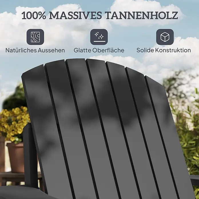 Outsunny Gartenstuhl Adirondack - Tannenholz, Schwarz, B x T x H: 95 x 95 x 93 cm - Schwarze Rückenlehne aus massivem Tannenholz für einen Outdoor-Stuhl, mit natürlichem Aussehen, glatter Oberfläche und solider Konstruktion.