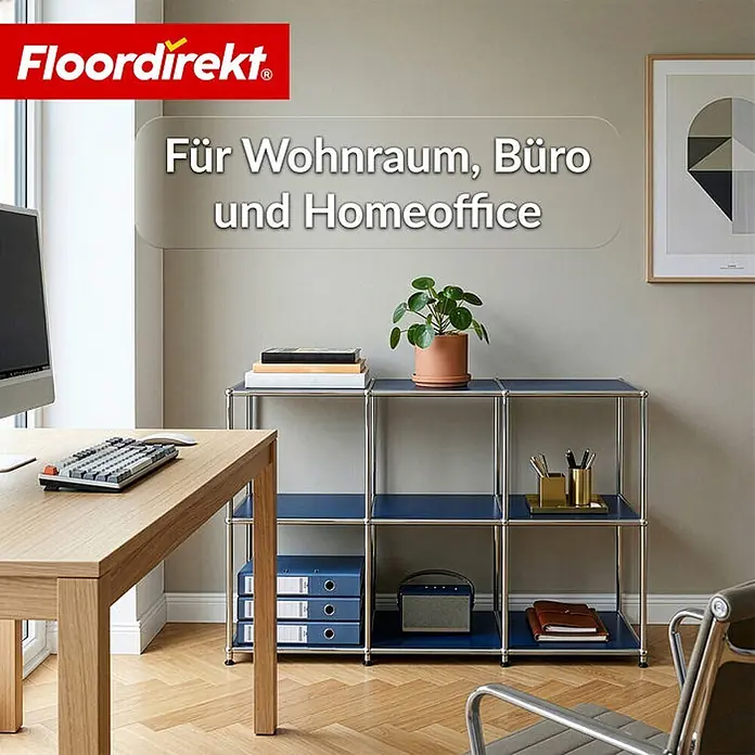 Floordirekt Metallregal Concept Epure MK-018 Blau - H x B x T: 82 x 116 x 40 cm, Anzahl Böden: 3 Stk., Schrauben, Blau - Blaues modulares Regalsystem mit Chromrahmen im modernen Home-Office.