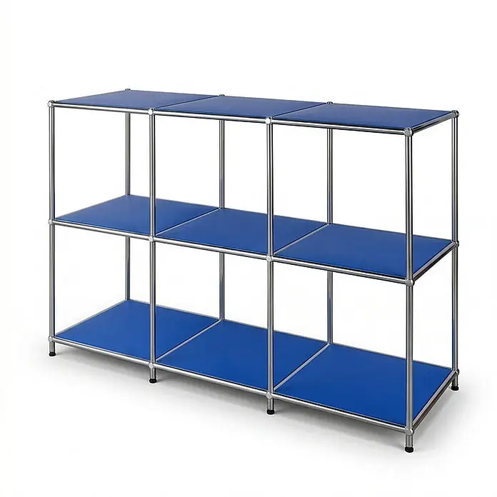 Floordirekt Metallregal Concept Epure MK-018 Blau - H x B x T: 82 x 116 x 40 cm, Anzahl Böden: 3 Stk., Schrauben, Blau - Modulares Regal mit blauen Ablagen und Chromrahmen, zwei Ebenen hoch und drei Module breit für vielseitige Aufbewahrung.