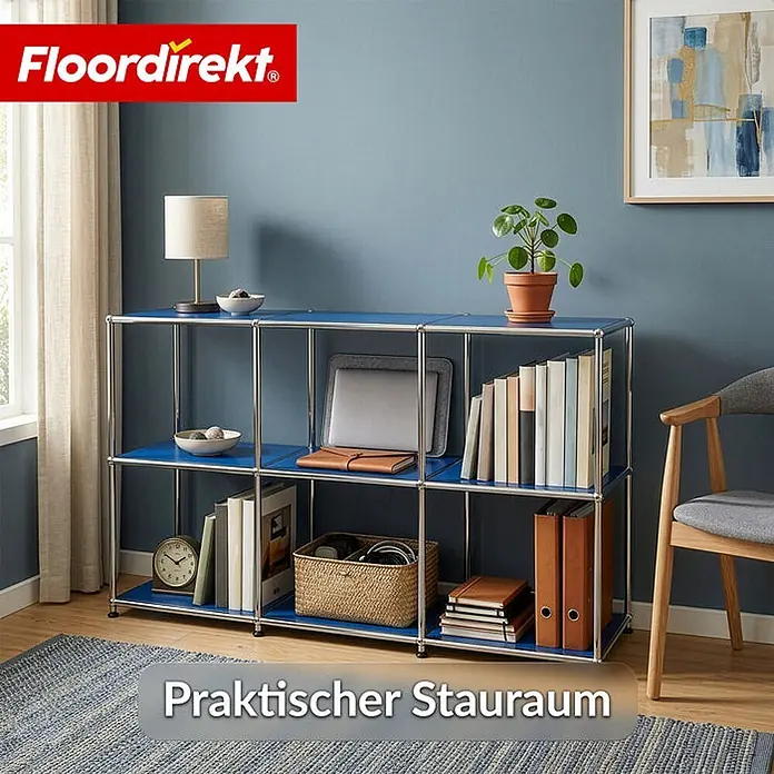 Floordirekt Metallregal Concept Epure MK-018 Blau - H x B x T: 82 x 116 x 40 cm, Anzahl Böden: 3 Stk., Schrauben, Blau - Blaues und chromfarbenes modulares Regal zur Aufbewahrung von Büchern, Elektronik und Deko in einem Raum.