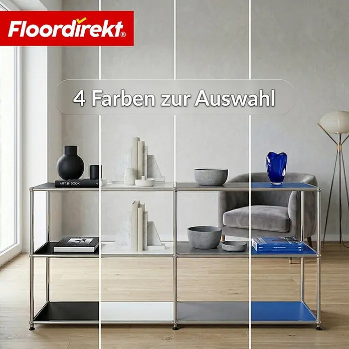 Floordirekt Metallregal Concept Epure MK-018 Blau - H x B x T: 82 x 116 x 40 cm, Anzahl Böden: 3 Stk., Schrauben, Blau - Ein modulares Regal mit Chromrahmen, das vier Regalbodenfarben zeigt: Schwarz, Weiß, Grau und Blau, dekoriert mit Büchern und Dekoartikeln.