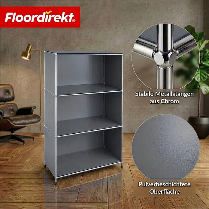 Floordirekt Metallregal Concept Epure MK-101 Grau - H x B x T: 120 x 75 x 40 cm, Anzahl Böden: 4 Stk., Schrauben, Grau - Graues modulares 3-Regal-Schranksystem mit Chromrahmen und pulverbeschichteter Oberfläche, in einem modernen Wohnraum gezeigt.