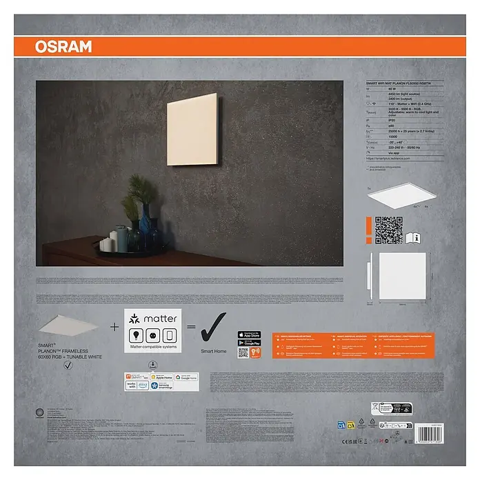 Ledvance Smart+ WiFi LED-Panel Planon Frameless - 40 W, L x B x H: 596 x 596 x 69 mm, Weiß, RGB - OSRAM SMART+ PLANON rahmenloses 60x60 RGBW LED-Panel für Smart Home Beleuchtung, auf Verpackung mit Spezifikationen.