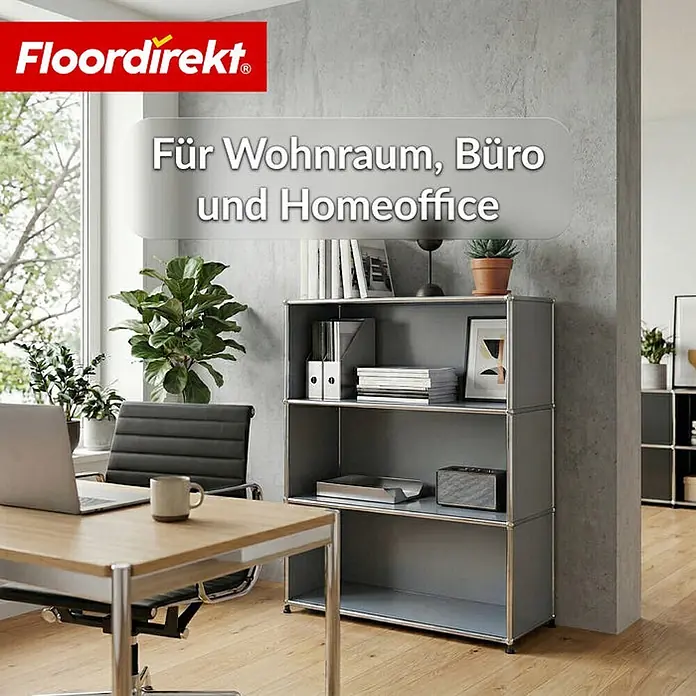 Floordirekt Metallregal Concept Epure MK-101 Grau - H x B x T: 120 x 75 x 40 cm, Anzahl Böden: 4 Stk., Schrauben, Grau - Graues modulares Regal mit drei Ebenen, das sich perfekt in ein modernes Büro oder Homeoffice einfügt.