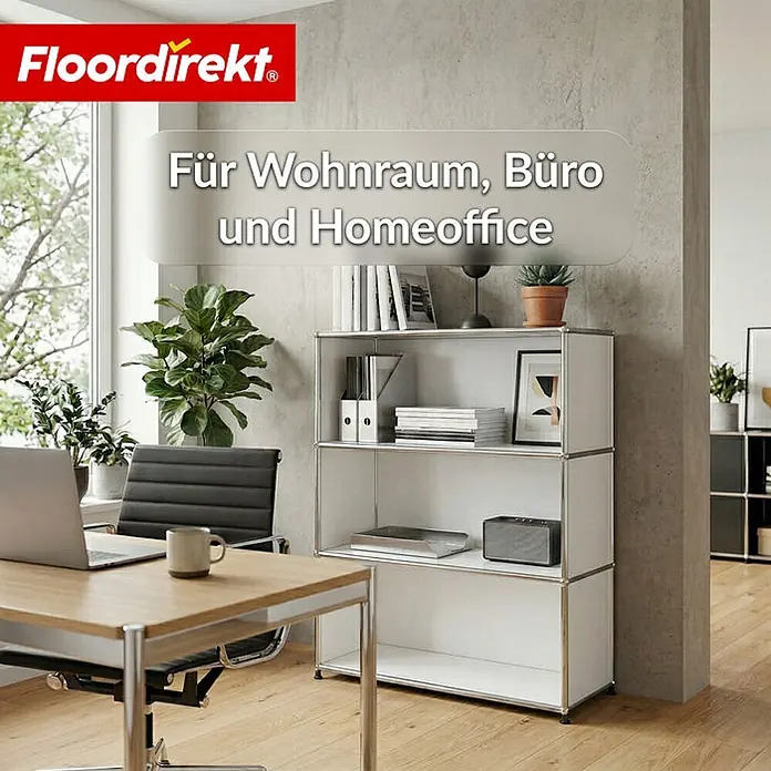 Floordirekt Metallregal Concept Epure MK-101 Weiß - H x B x T: 120 x 75 x 40 cm, Anzahl Böden: 4 Stk., Schrauben, Weiß - Modernes Homeoffice mit hellem Schreibtisch, Bürostuhl und weißem Regal, das einen vielseitigen Wohn- und Arbeitsbereich zeigt.