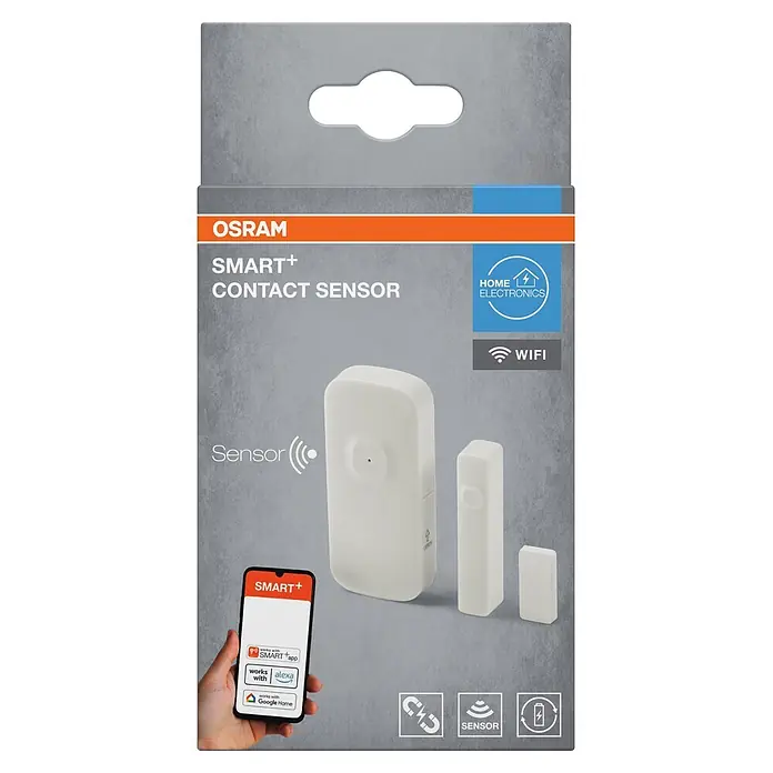 Ledvance Smart+ WiFi Funk-Fensterkontakt - Weiß, 3,1 x 2,4 x 7,2 cm - Weißer OSRAM SMART+ Kontaktsensor für Smart Homes, mit Haupteinheit und Magnetteil, auf der Produktverpackung abgebildet.