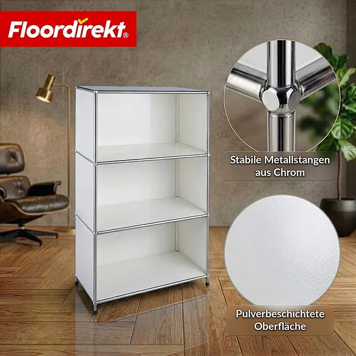 Floordirekt Metallregal Concept Epure MK-101 Weiß - H x B x T: 120 x 75 x 40 cm, Anzahl Böden: 4 Stk., Schrauben, Weiß - Weißes 3-stöckiges Regal mit verchromtem Metallrahmen und pulverbeschichteten Böden.