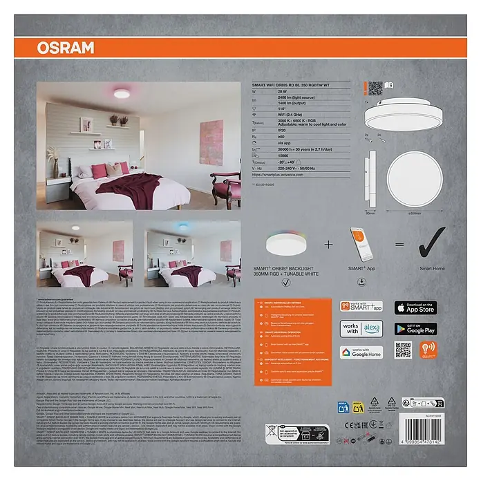 Ledvance LED-Deckenleuchte rund - 28 W, Ø x H: 35 x 9 cm, Weiß, RGBW - OSRAM SMART+ ORBIS® BACKLIGHT 350mm RGB+Tunable White Deckenleuchte auf der Produktverpackung, zeigt Spezifikationen und Smart Home Funktionen.