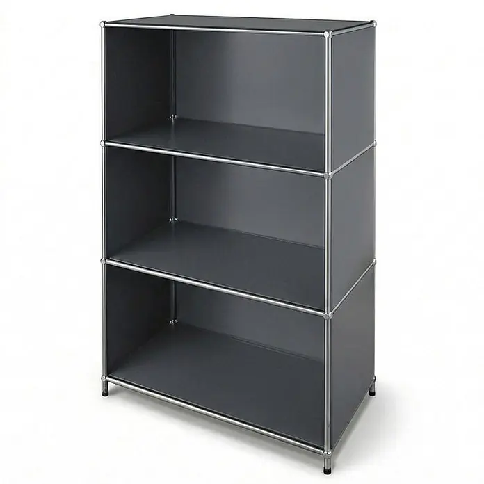 Floordirekt Metallregal Concept Epure MK-101 Grau - H x B x T: 120 x 75 x 40 cm, Anzahl Böden: 4 Stk., Schrauben, Grau - Dunkelgraues modulares Regal mit drei offenen Fächern und verchromtem Stahlrahmen, ideal zur Aufbewahrung oder Präsentation.