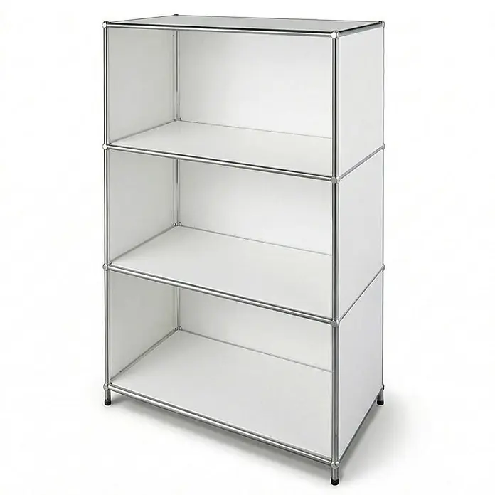Floordirekt Metallregal Concept Epure MK-101 Weiß - H x B x T: 120 x 75 x 40 cm, Anzahl Böden: 4 Stk., Schrauben, Weiß - Weißes modulares Regal mit drei Ebenen und silbernem Metallrahmen.