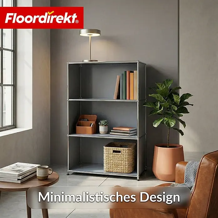 Floordirekt Metallregal Concept Epure MK-101 Grau - H x B x T: 120 x 75 x 40 cm, Anzahl Böden: 4 Stk., Schrauben, Grau - Graues modulares Regal in einem modernen Wohnzimmer, mit Büchern, Dekoration und einem Korb.
