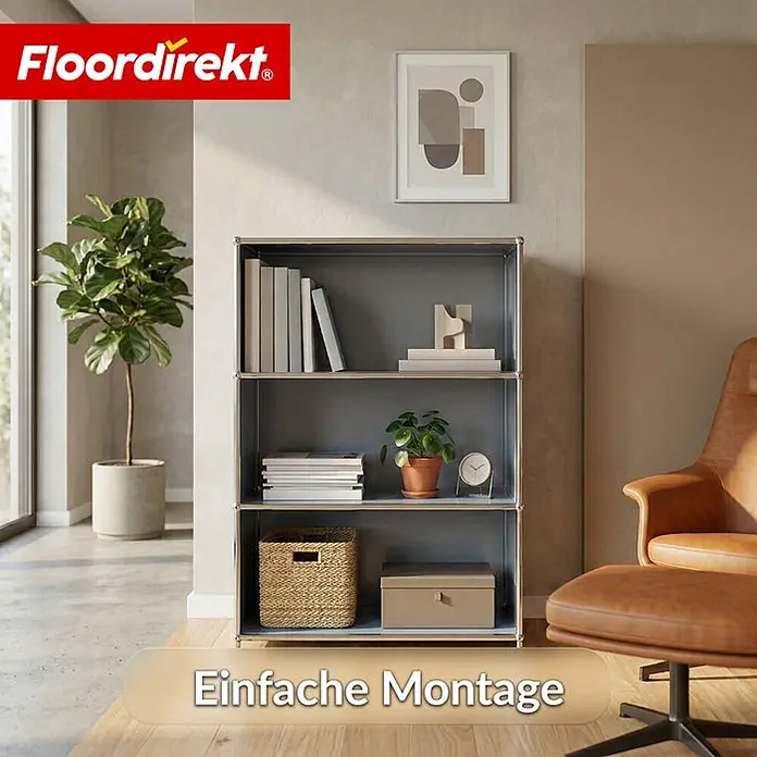 Floordirekt Metallregal Concept Epure MK-101 Grau - H x B x T: 120 x 75 x 40 cm, Anzahl Böden: 4 Stk., Schrauben, Grau - Dreistöckiges graues Regal mit Büchern, Pflanzen und Aufbewahrungsboxen in modernem Wohnzimmer.