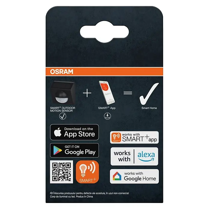 Osram Smart+ Bewegungsmelder - Anthrazit - Verpackung des OSRAM Smart+ Bewegungssensors für den Außenbereich, zeigt Smart Home-Integration, App-Steuerung und Kompatibilität mit Alexa und Google Home.