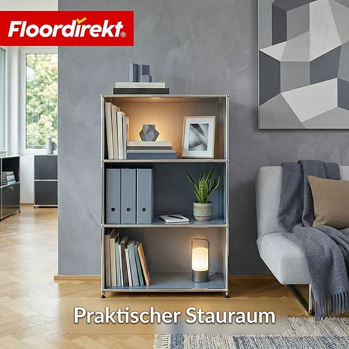 Floordirekt Metallregal Concept Epure MK-101 Grau - H x B x T: 120 x 75 x 40 cm, Anzahl Böden: 4 Stk., Schrauben, Grau - Ein silbergerahmtes, graues mehrstöckiges Regal mit Büchern, Ordnern und Deko gefüllt, bietet praktischen Stauraum.