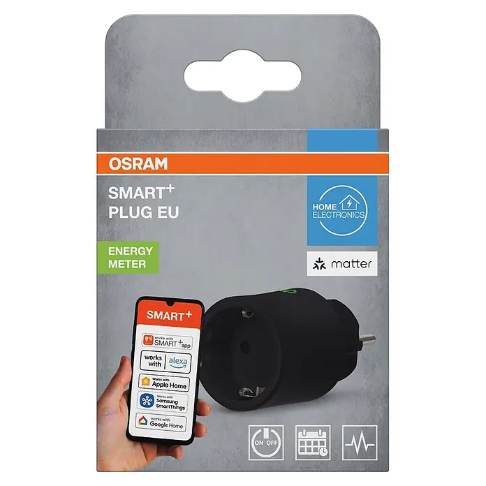 Osram Smart+ Smart-Steckdose matter - Innen, Schwarz, 1 Stk. - Schwarzer OSRAM SMART+ EU Smart Plug mit Energiezähler. Ein Smartphone zeigt Kompatibilität mit Alexa, Apple Home, Google Home und Matter.
