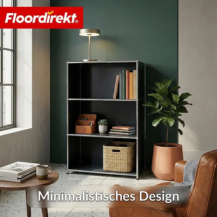 Floordirekt Metallregal Concept Epure MK-101 Schwarz - H x B x T: 120 x 75 x 40 cm, Anzahl Böden: 4 Stk., Schrauben, Schwarz - Schwarzes modulares Regal mit Chromrahmen in modernem Wohnambiente, gefüllt mit Büchern und Deko.