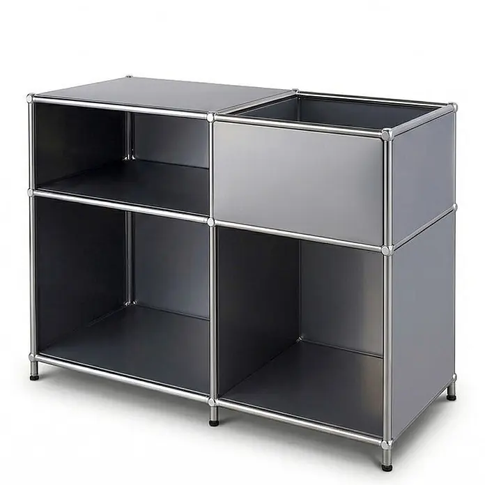 Floordirekt Metallregal Concept Epure MK-030 Grau - H x B x T: 65 x 88 x 40 cm, Anzahl Böden: 3 Stk., Schrauben, Grau - Dunkelgraues modulares Metallregal mit offenen Fächern und einem oben offenen Aufbewahrungsbehälter.