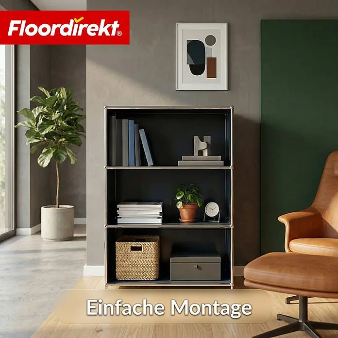 Floordirekt Metallregal Concept Epure MK-101 Schwarz - H x B x T: 120 x 75 x 40 cm, Anzahl Böden: 4 Stk., Schrauben, Schwarz - Dreistöckiges modulares schwarzes Regal mit silbernem Rahmen, genutzt zur Aufbewahrung und Dekoration in einem modernen Interieur.