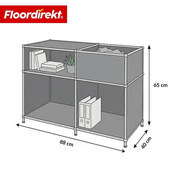 Floordirekt Metallregal Concept Epure MK-030 Grau - H x B x T: 65 x 88 x 40 cm, Anzahl Böden: 3 Stk., Schrauben, Grau - Graues modulares Stoffregal, 88x65x40 cm, mit Metallrahmen. Zeigt Bücher, Ordner und eine Pflanze.