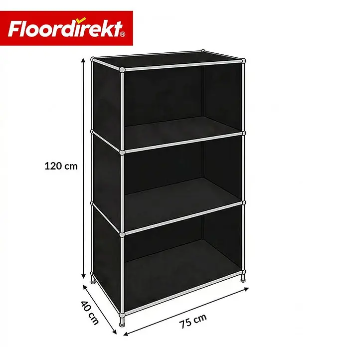 Floordirekt Metallregal Concept Epure MK-101 Schwarz - H x B x T: 120 x 75 x 40 cm, Anzahl Böden: 4 Stk., Schrauben, Schwarz - Schwarzes 3-stöckiges Stoffregal, Maße 120x75x40 cm (HxBxT).
