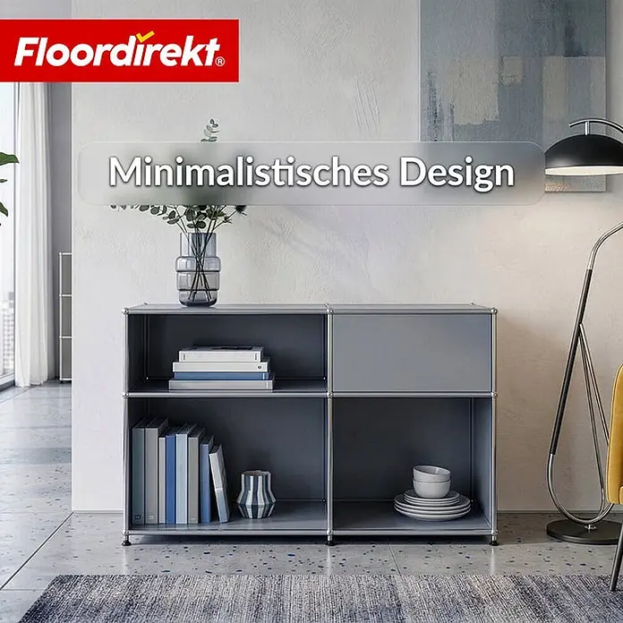 Floordirekt Metallregal Concept Epure MK-030 Grau - H x B x T: 65 x 88 x 40 cm, Anzahl Böden: 3 Stk., Schrauben, Grau - Graues modulares Regal mit Stauraum und Ablage, dekoriert mit Büchern in einem modernen Wohnraum.