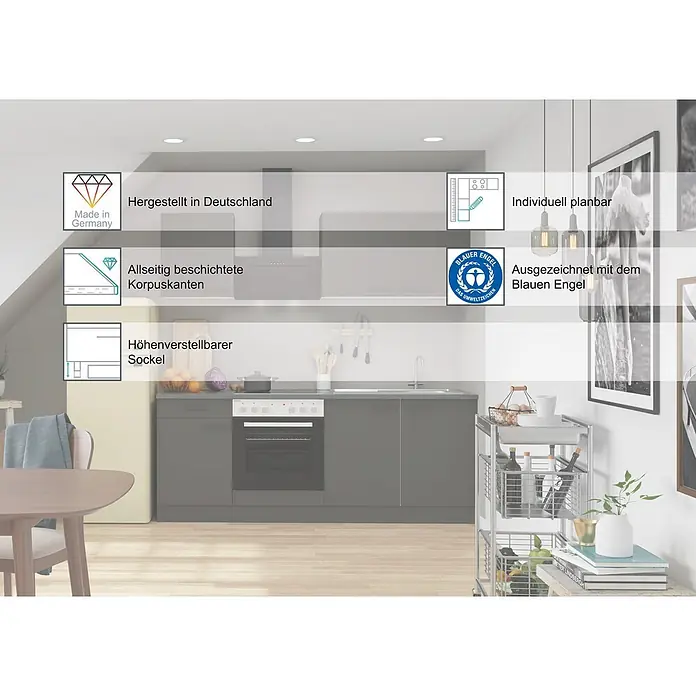 Optifit Küchenleerblock Faro220 - Breite: 270 cm, Anthrazit, Ohne Elektrogeräte - Eine graue Modulküche mit Backofen, Spüle und Kühlschrank, die Merkmale wie "Made in Germany", höhenverstellbaren Sockel und das "Blauer Engel"-Siegel hervorhebt.