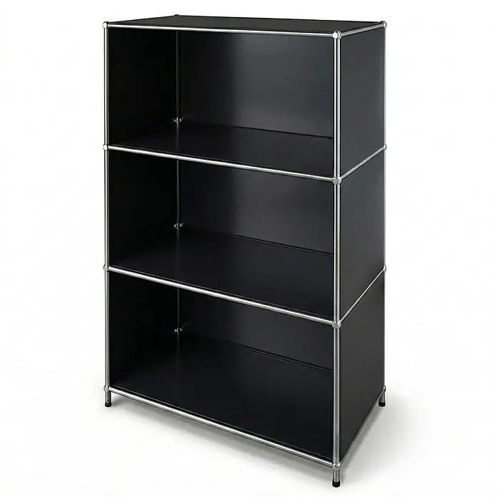 Floordirekt Metallregal Concept Epure MK-101 Schwarz - H x B x T: 120 x 75 x 40 cm, Anzahl Böden: 4 Stk., Schrauben, Schwarz - Schwarzes modulares Regal mit drei offenen Fächern und silbernem Metallrahmen.