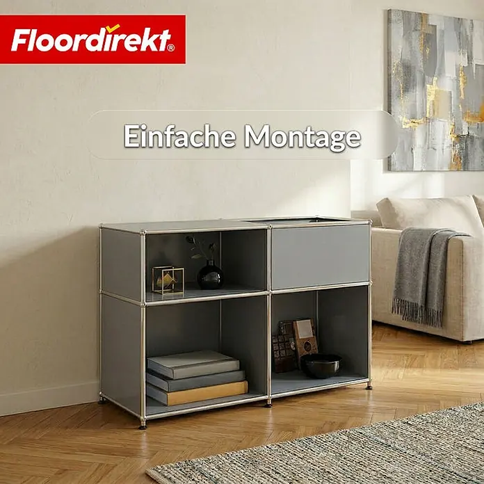 Floordirekt Metallregal Concept Epure MK-030 Grau - H x B x T: 65 x 88 x 40 cm, Anzahl Böden: 3 Stk., Schrauben, Grau - Graues modulares Regal mit vier Fächern, zwei offen und zwei mit Platten, in einem Wohnzimmer.
