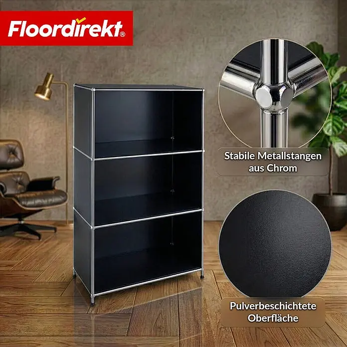 Floordirekt Metallregal Concept Epure MK-101 Schwarz - H x B x T: 120 x 75 x 40 cm, Anzahl Böden: 4 Stk., Schrauben, Schwarz - Schwarzes modulares Regal mit drei Fächern, verchromtem Metallrahmen und pulverbeschichteter Oberfläche.