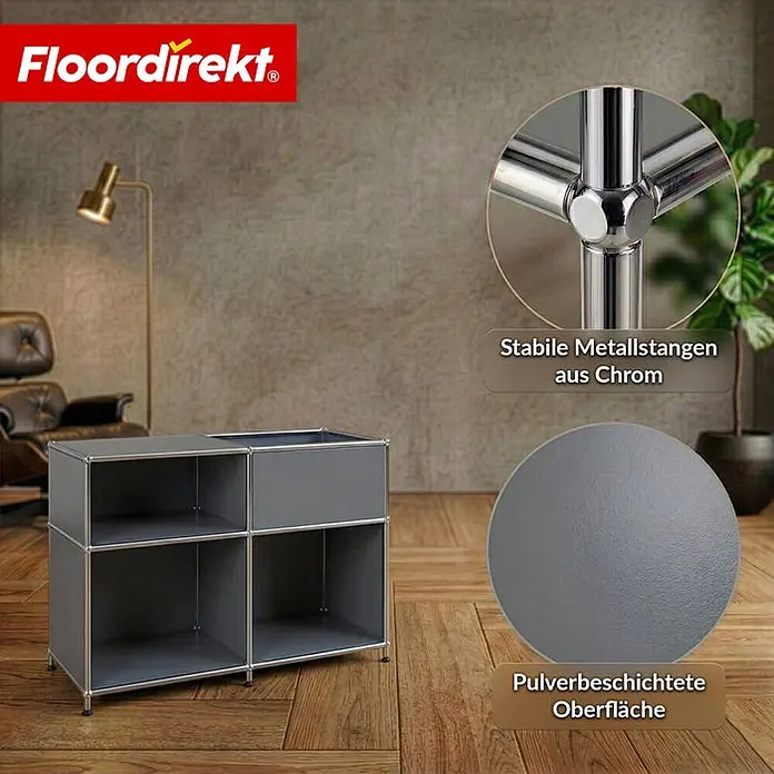 Floordirekt Metallregal Concept Epure MK-030 Grau - H x B x T: 65 x 88 x 40 cm, Anzahl Böden: 3 Stk., Schrauben, Grau - Grauer Modulschrank mit Chromrahmen, pulverbeschichteter Oberfläche, in einem modernen Wohnzimmer.
