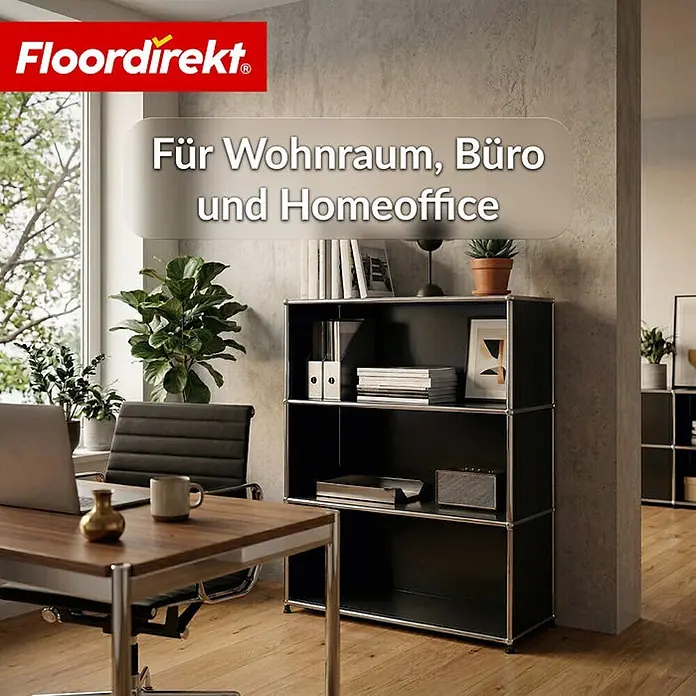 Floordirekt Metallregal Concept Epure MK-101 Schwarz - H x B x T: 120 x 75 x 40 cm, Anzahl Böden: 4 Stk., Schrauben, Schwarz - Modernes schwarzes Metallregal für Wohnraum, Büro und Homeoffice, mit Büchern und Deko gefüllt.