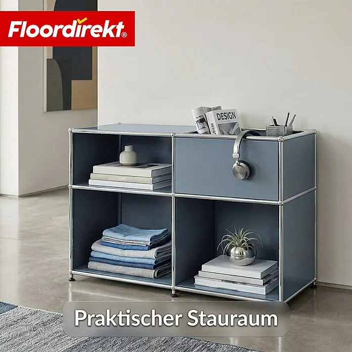 Floordirekt Metallregal Concept Epure MK-030 Grau - H x B x T: 65 x 88 x 40 cm, Anzahl Böden: 3 Stk., Schrauben, Grau - Blau-graues modulares Regal mit Metallrahmen, bietet praktischen Stauraum für Bücher und Dekoration.