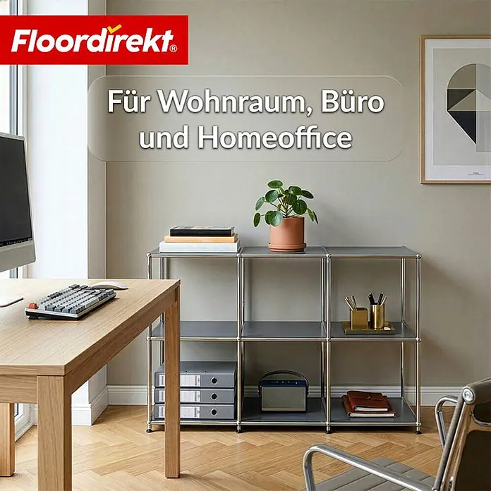Floordirekt Metallregal Concept Epure MK-018 Grau - Anzahl Böden: 3 Stk., Schrauben, Grau - Modulares Regalsystem mit Metallrahmen und grauen Böden in einem Büro/Wohnraum.