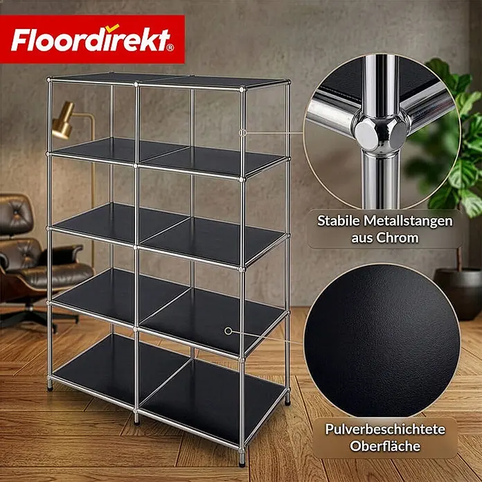 Floordirekt Metallregal Concept Epure MK-015 Schwarz - H x B x T: 118 x 78 x 40 cm, Anzahl Böden: 5 Stk., Schrauben, Schwarz - Modulares Regal in Schwarz mit fünf Ebenen und verchromtem Metallrahmen. Details zeigen stabile Chromstangen und pulverbeschichtete Oberfläche.