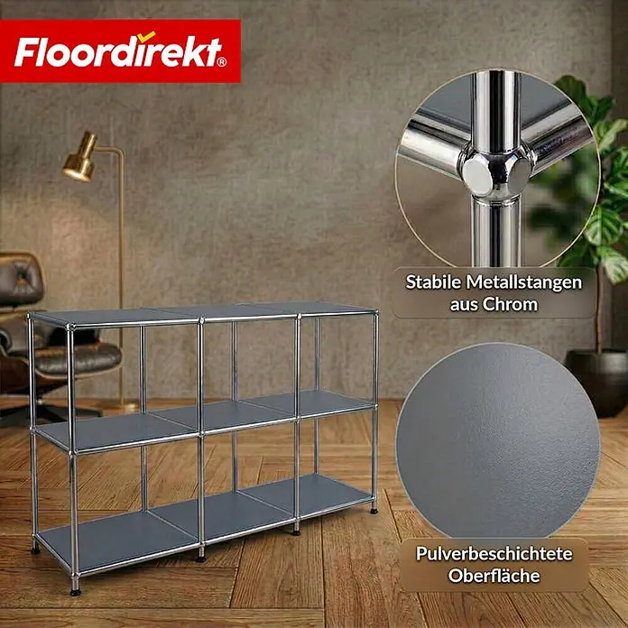 Floordirekt Metallregal Concept Epure MK-018 Grau - Anzahl Böden: 3 Stk., Schrauben, Grau - Graues 3-stöckiges Modulregal mit Chromgestell und pulverbeschichteten Böden, ideal zur Aufbewahrung.
