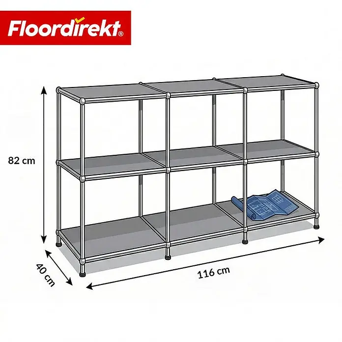 Floordirekt Metallregal Concept Epure MK-018 Grau - Anzahl Böden: 3 Stk., Schrauben, Grau - Graues modulares Regal mit drei Ebenen und sechs Fächern, Maße 116x40x82 cm (BxTxH).