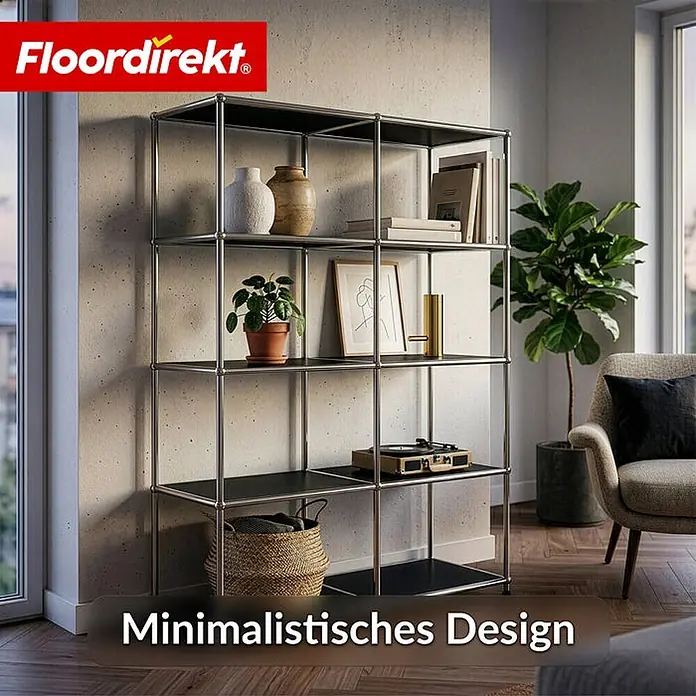 Floordirekt Metallregal Concept Epure MK-015 Schwarz - H x B x T: 118 x 78 x 40 cm, Anzahl Böden: 5 Stk., Schrauben, Schwarz - Metallregal mit schwarzen Ablagen, das Bücher, Pflanzen und Dekoration in einem modernen Wohnraum präsentiert.