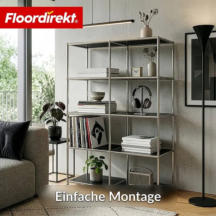 Floordirekt Metallregal Concept Epure MK-015 Schwarz - H x B x T: 118 x 78 x 40 cm, Anzahl Böden: 5 Stk., Schrauben, Schwarz - Modernes moduläres Metallregal mit schwarzen Böden, gefüllt mit Büchern und Deko im Wohnzimmer.