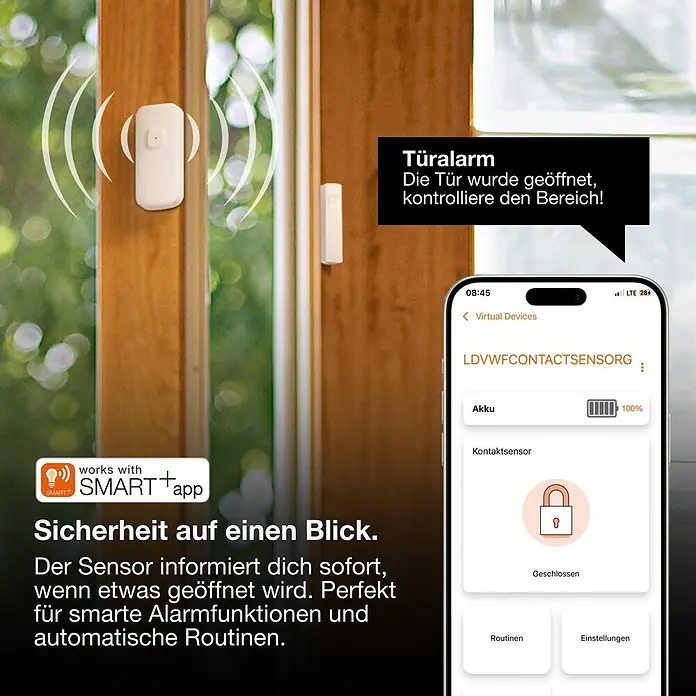 Ledvance Smart+ WiFi Funk-Fensterkontakt - Weiß, 3,1 x 2,4 x 7,2 cm - Ein weißer smarter Kontaktsensor ist an einem Holzfensterrahmen montiert. Ein Smartphone zeigt eine Türalarm-Benachrichtigung und den Sensorstatus an.
