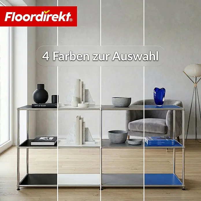 Floordirekt Metallregal Concept Epure MK-018 Weiß - Anzahl Böden: 3 Stk., Schrauben, Weiß - Ein modulares Regal mit Metallrahmen, das vier Farboptionen für seine Paneele zeigt: Schwarz, Weiß, Grau und Blau.