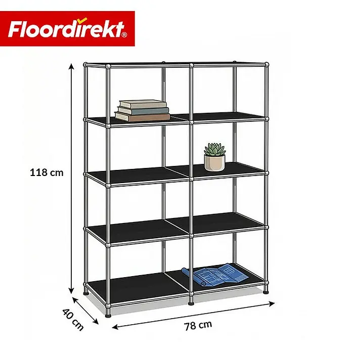 Floordirekt Metallregal Concept Epure MK-015 Schwarz - H x B x T: 118 x 78 x 40 cm, Anzahl Böden: 5 Stk., Schrauben, Schwarz - Modulares Regal in Schwarz-Silber mit 8 Fächern, 118x78x40 cm (HxBxT), ideal zur Aufbewahrung.