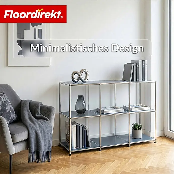 Floordirekt Metallregal Concept Epure MK-018 Grau - Anzahl Böden: 3 Stk., Schrauben, Grau - Minimalistisches, graues modulares Regal als Bücherregal in einem modernen Wohnzimmer, mit Büchern, Vase und Pflanze.