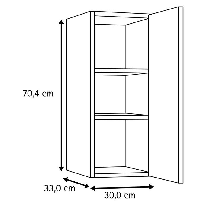 Optifit Optikomfort Küchen-Hängeschrank Bengt932 - Weiß - Strichzeichnung eines weißen Hängeschranks mit offener Tür und drei Fächern. Maße: H 70,4 cm, T 33,0 cm, B 30,0 cm.