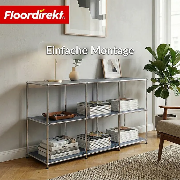 Floordirekt Metallregal Concept Epure MK-018 Grau - Anzahl Böden: 3 Stk., Schrauben, Grau - Großes Metallregal mit grauen Böden, für Bücher und Dekoration in einem modernen Wohnraum.