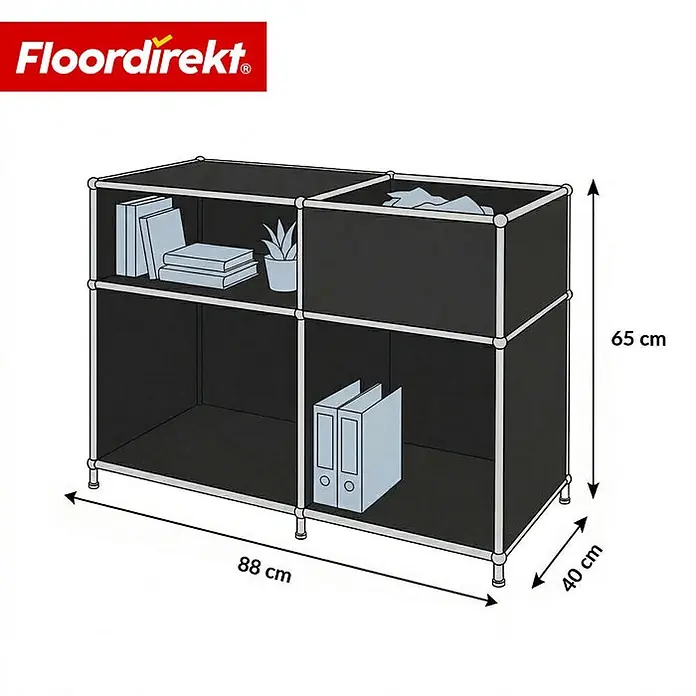Floordirekt Metallregal Concept Epure MK-030 Schwarz - Anzahl Böden: 3 Stk., Schrauben, Schwarz - Schwarzes modulares Aufbewahrungsregal mit 4 Fächern, 88x40x65 cm.